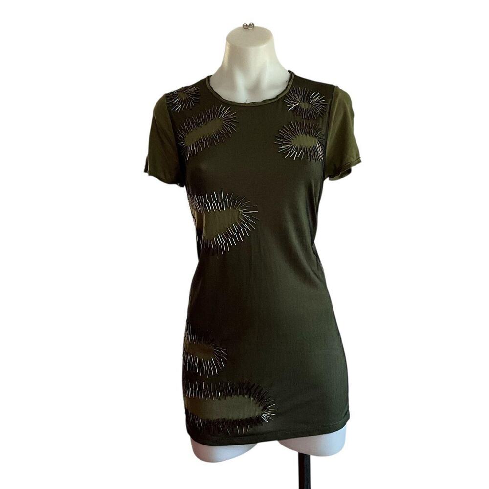 Twelve by Twelve Green Mesh Beaded Top: Y2K, 2000s